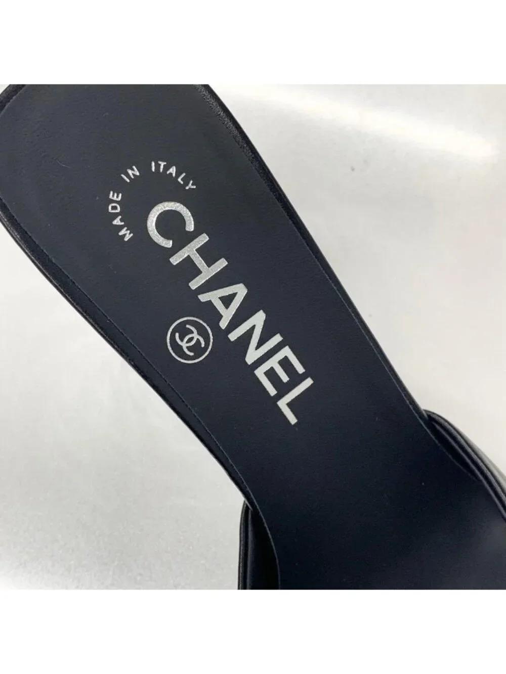 Chanel CC Logo Leather Mirror Heel Sandals Black